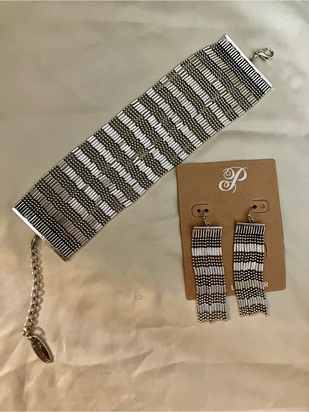 Plunder Silver Beaded Statement Bracelet with Matching Earrings